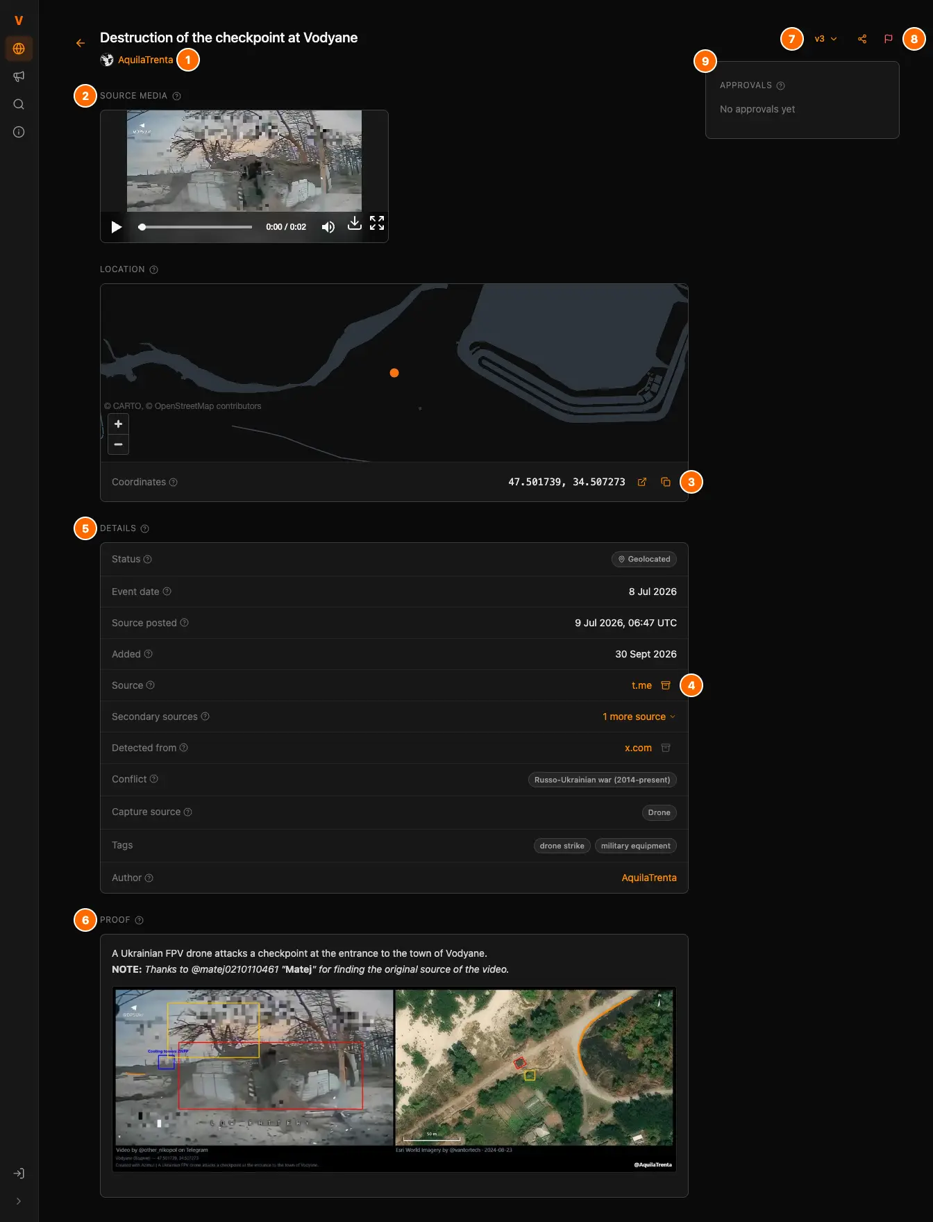 A geolocation's page with its parts numbered