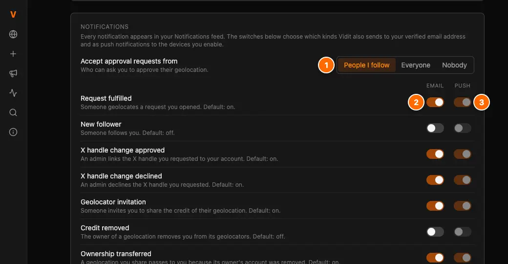 The Notifications card of Settings, numbered