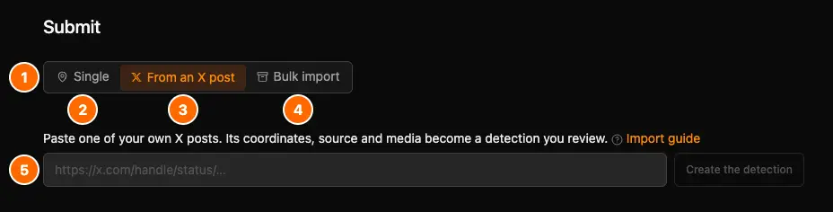 The Submit page, signed in, with its mode selector numbered